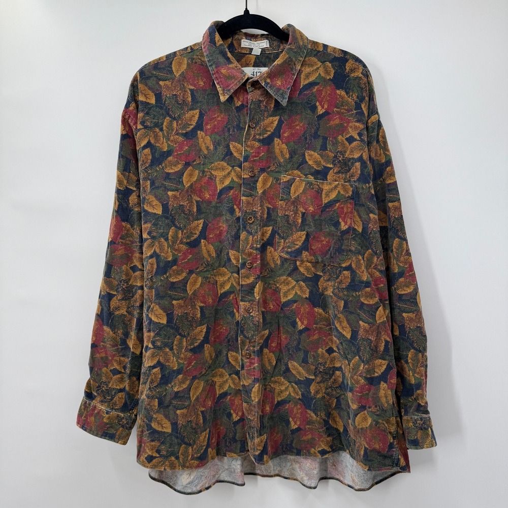 Van Heusen 417 Corduroy Shirt Mens Size XL Autumn Leaf Print Long Sleeve 90s